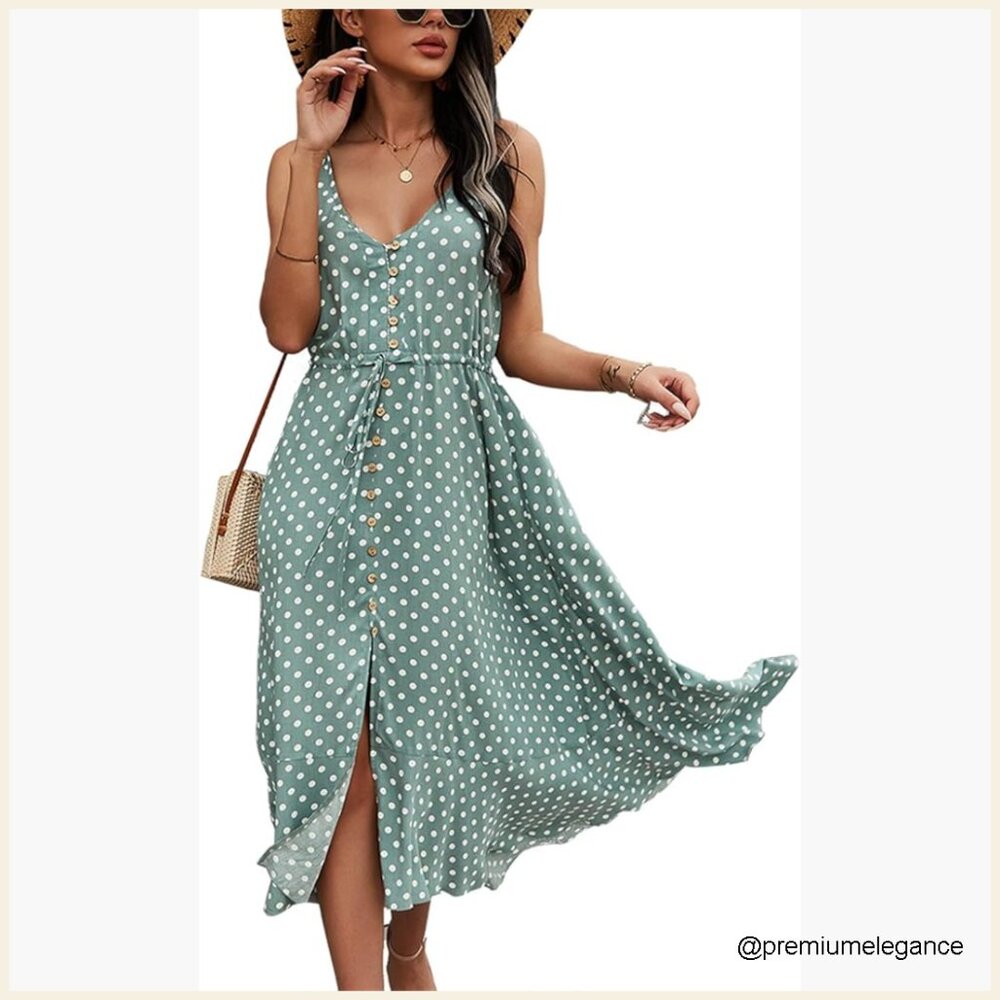 Summer Boho Sundress Spaghetti Strap V-Neck Midi Dress Casual Flowy